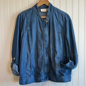 Chicos jacket coat zip-up blue jean size one embroidered birds